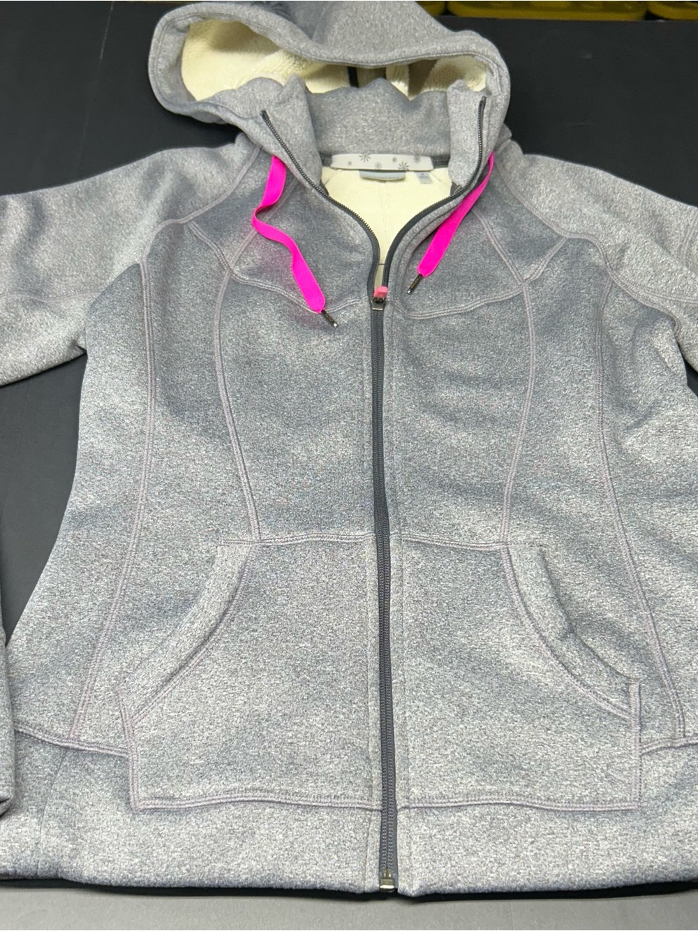 Athleta Heather Gray Hooded Zip Jacket with Pink Drawcords